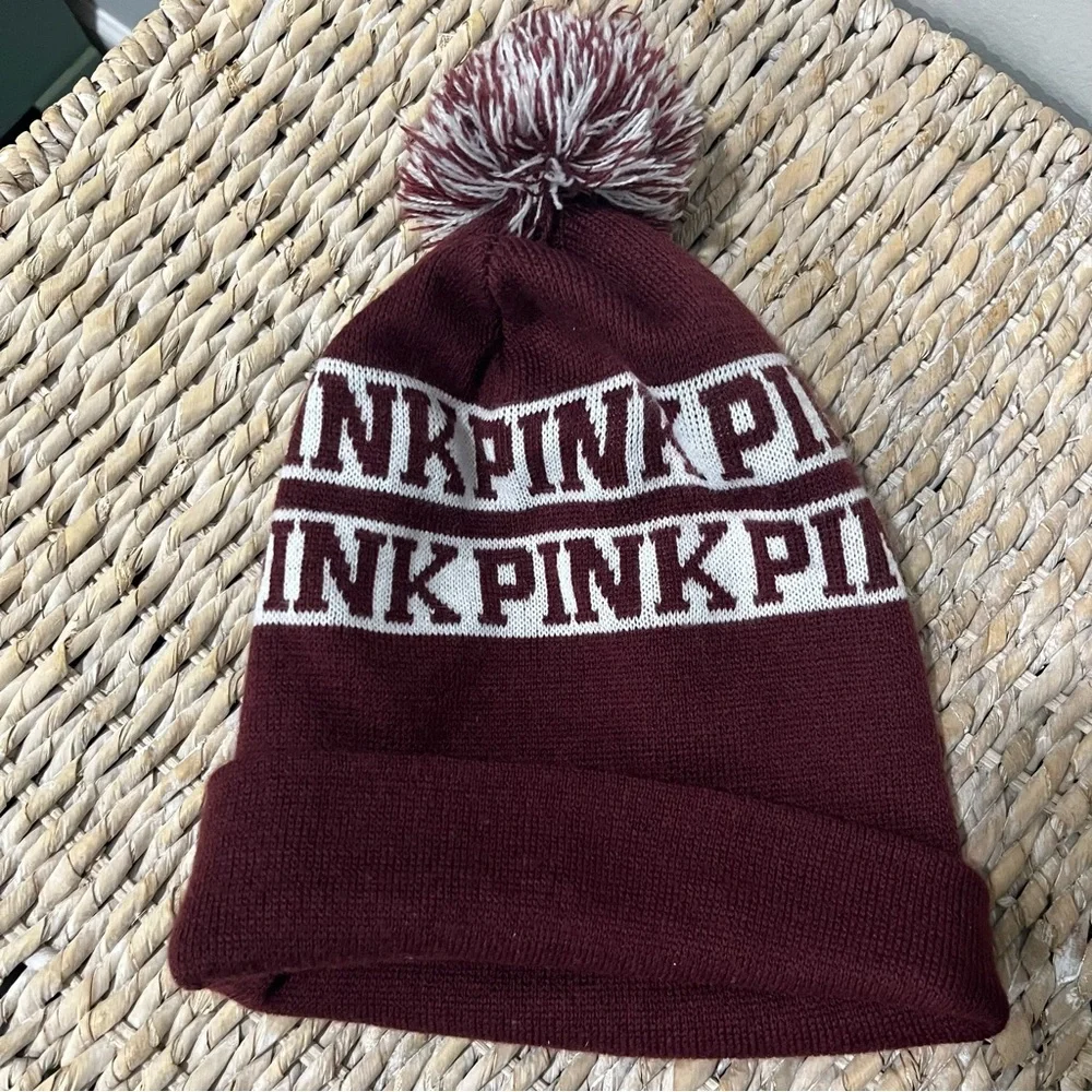 Victoria’s Secret VS‎ Pink Pom Beanie Winter Hat Stocking Cap Toboggan Maroon.